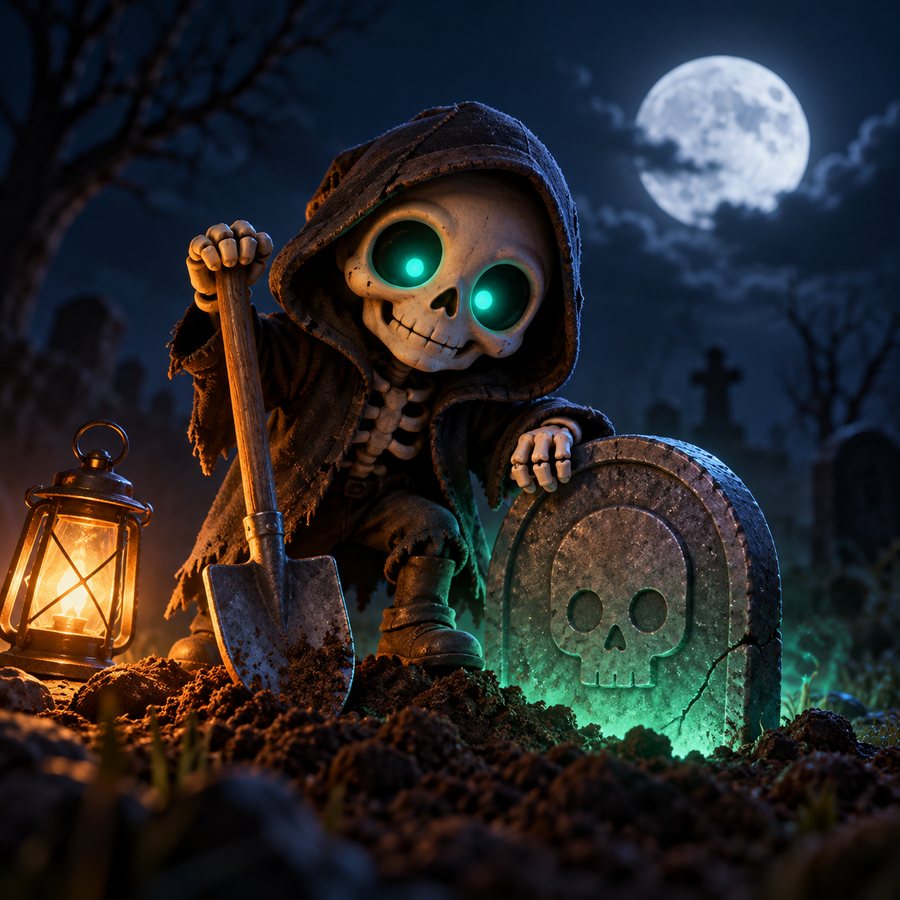 The Rugyard gravedigger, a small hooded skeleton with a shovel and a lantern